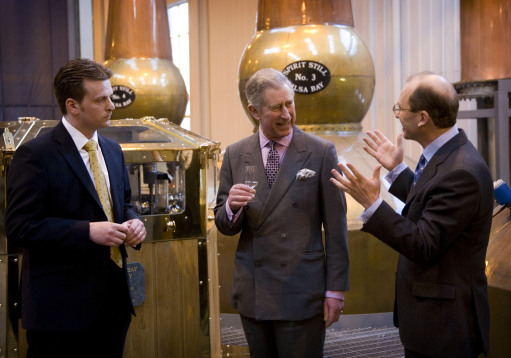 Blender Brian Kinsman, the Prince of Wales and Chairman Peter Gordon as he visits William Grant & Sons' site near Girvan in Ayrshire. 