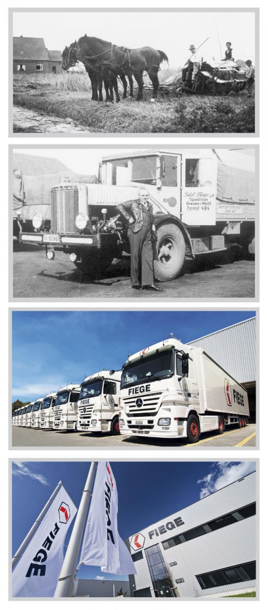 From top: Josef Fiege Sr doing farm work in fields where one day the firm will be headquartered; Josef Fiege Sr in front of a long-nose Büssing NAG; A fleet of Fiege vehicles outside one of its metacenters (seen again, below)
