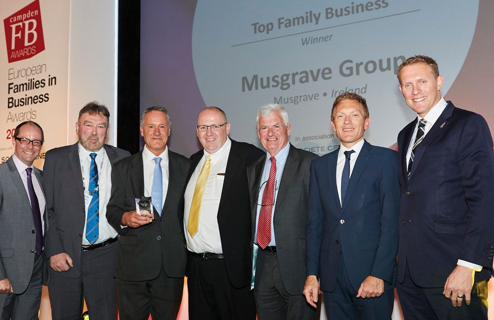 From left: Tim Jenkins, MC; Nicky Hartery, chairman of Musgrave Group; Chris Musgrave, vice chairman; Brian Thompson, chairman of the Next Generation Committee; Stuart Musgrave, retired non-executive family director; Jean-François Mazaud, head of SGPB; and Nicholas Moody, editor of CampdenFB