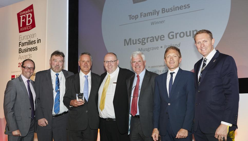 Tim Jenkins, master of ceremonies; Nicky Hartery, Chris Musgrave Brian Thompson and Stuart Musgrave of Musgrave Group; Jean-Francois Mazaud, head of SGPB and award presenter; and Nicholas Moody
