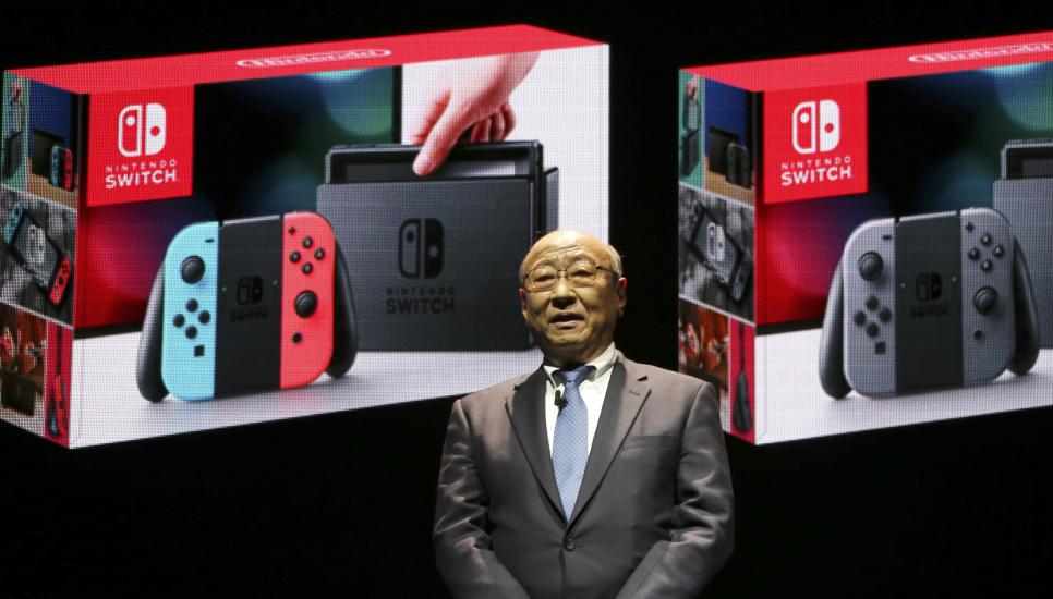 Nintendo president Tatsumi Kimishima speaks during a presentation event of the new Nintendo Switch in Tokyo, 2017.