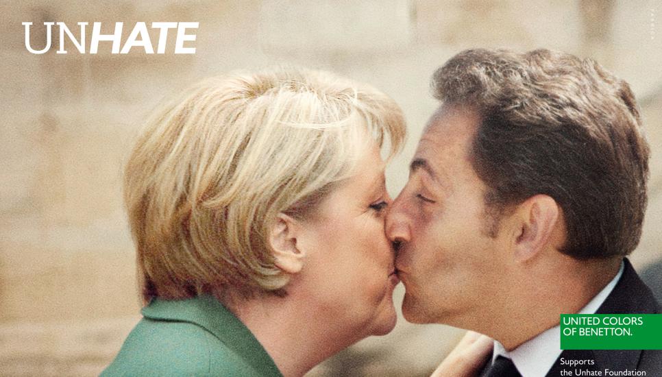 Merkel and Sarkozy kissing in the Benetton campaign